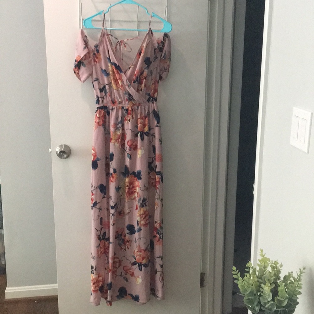 Pink floral maxi dress cold shoulder back tie